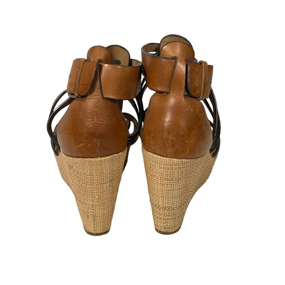 Trask Brown Saddle Leather Strappy Burlap Platform Heel Wedge Sandal Sz 9 - Picture 6 of 10